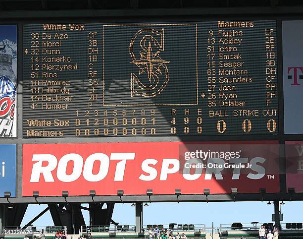 Detail of the scoreboard after starting pitcher Philip Humber of the Chicago White Sox threw a perfect game against the Seattle Mariners at Safeco...