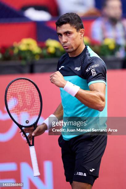 Thiago Monteiro of Brazil celebrates after winning a point in his first round singles match against Benjamin Bonfi of France during day one of the...