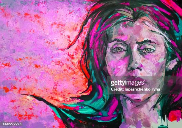 illustration oil painting portrait of young woman with long hair against bright background in pink tones - emotional intelligence stock illustrations