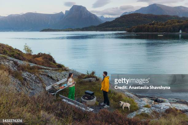 woman and a man with a dog contemplating picnic by the sea with mountain view in norway - scandinavia picnic stock pictures, royalty-free photos & images