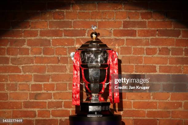 The Men's Rugby League World Cup 2021 trophy is seen on display during the Rugby League World Cup 2021 Tournament Launch events at the Science and...