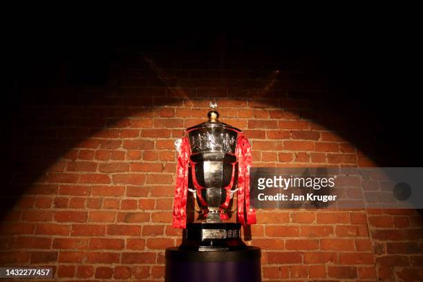 The Men's Rugby League World Cup 2021 trophy is seen on display during the Rugby League World Cup 2021 Tournament Launch events at the Science and...