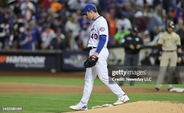 New York Mets pitcher Chris Bassitt on the mound in the second inning of his game against the San Diego Padres at Citi Field on the evening of...