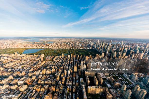 aerial view of upper midtown manhattan and central park, new york city, usa - upper east side di manhattan foto e immagini stock