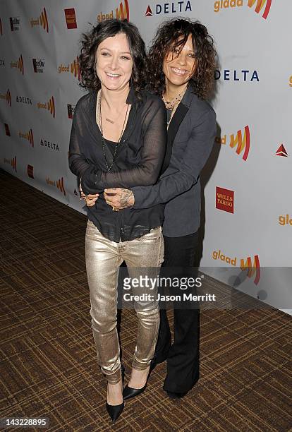 Actress Sara Gilbert and musician Linda Perry arrive at the 23rd Annual GLAAD Media Awards presented by Ketel One and Wells Fargo held at Westin...