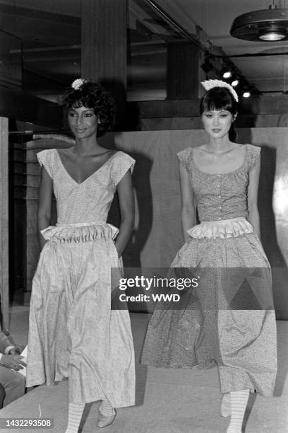 Model Sheila Johnson walks the runway in looks from the Spring 1981 collection.