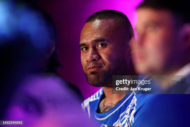 Junior Paulo of Samoa smiles during the Rugby League World Cup 2021 Tournament Launch events at the Science and Industry Museum on October 10, 2022...