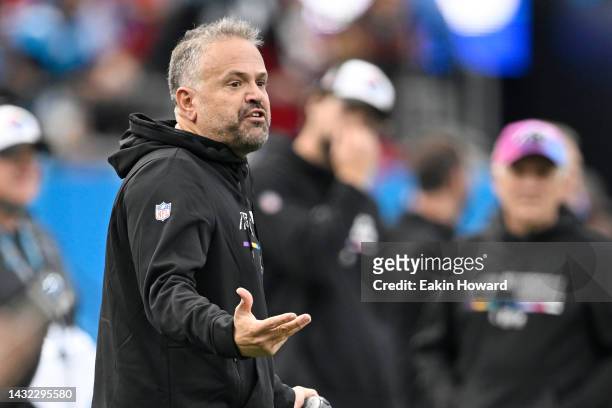 Head coach Matt Rhule of the Carolina Panthers talks with officials during the second quarter of the game against the San Francisco 49ers at Bank of...