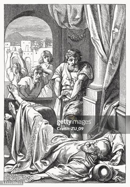 eli dies (1 samuel 4, 18), wood engraving, published 1894 - senior falling stock illustrations