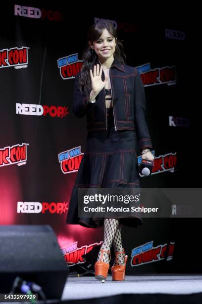 Jenna Ortega walks onstage during a panel for Netflix's Wednesday at New York Comic Con on October 08, 2022 in New York City.