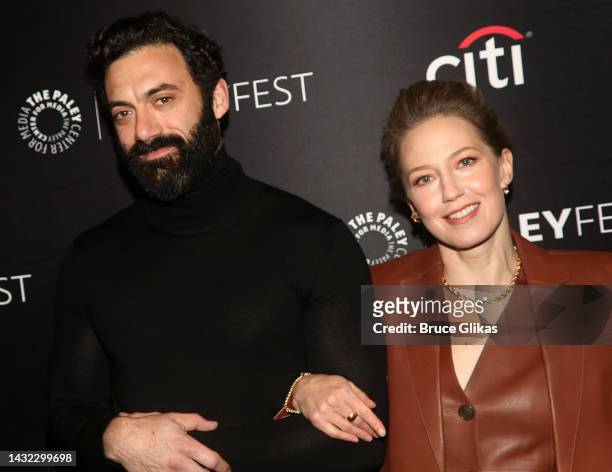 Morgan Spector and Carrie Coon pose at "The Gilded Age" - 2022 PaleyFest NY at The Paley Museum on October 9, 2022 in New York City.
