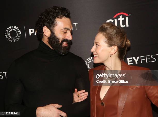 Morgan Spector and Carrie Coon pose at "The Gilded Age" - 2022 PaleyFest NY at The Paley Museum on October 9, 2022 in New York City.