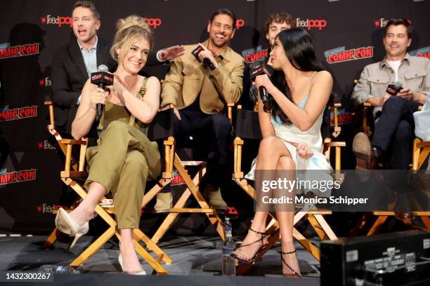 Josh Dallas, Melissa Roxburgh, JR Ramirez, Parveen Kaur, Ty Doran, and Matt Long speak onstage during a panel with Netflix's Manifest at New York...