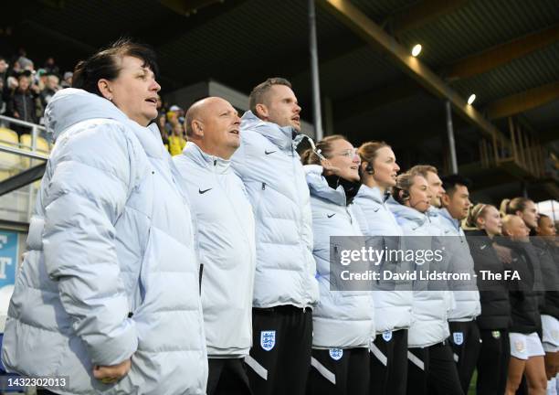 Mo Marley, Head Coach of England looks on during the National Anthems ahead of the U23 International Friendly match between Sweden U23 and England...