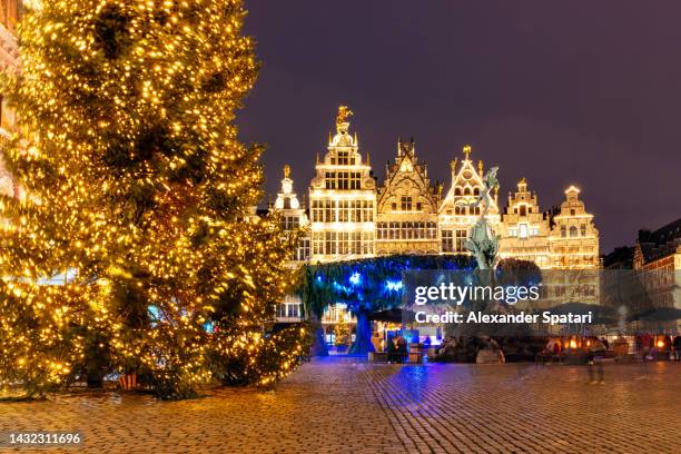 illuminated christmas tree at grote markt square in antwerpen, belgium - antwerp city belgium fotografías e imágenes de stock