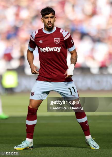 Lucas Paqueta of West Ham United looks on during the Premier League match between West Ham United and Fulham FC at London Stadium on October 09, 2022...