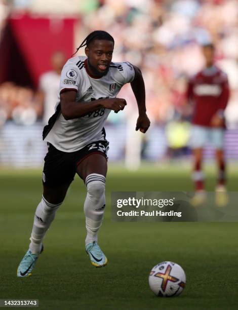 Joshua Onomah of Fulham runs with the ball during the Premier League match between West Ham United and Fulham FC at London Stadium on October 09,...