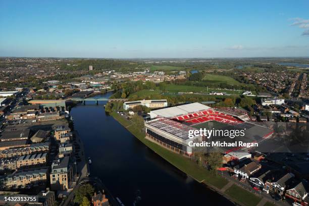 An aerial view of the City Ground is seen prior to the Premier League match between Nottingham Forest and Aston Villa at City Ground on October 10,...