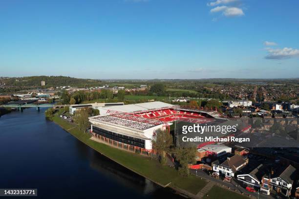 An aerial view of the City Ground is seen prior to the Premier League match between Nottingham Forest and Aston Villa at City Ground on October 10,...