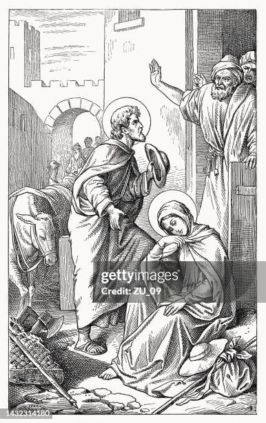 mary and joseph in bethlehem, wood engraving, published in 1894 - inn stock illustrations
