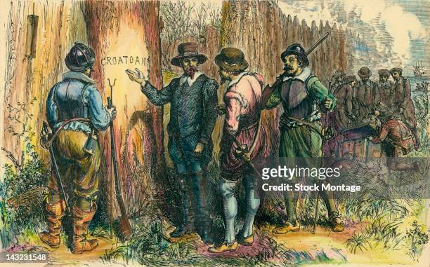 Illustration depicts John White and others as they find a tree into which is carved the word 'Croatoan,' Roanoke Island, North Carolina, 1590. Three...