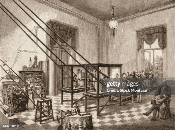 Wood engraving depicts the electrotherapy cabinet designed by French neurologist Jean-Martin Charcot at Salpetriere Hospital, Paris, France, late...