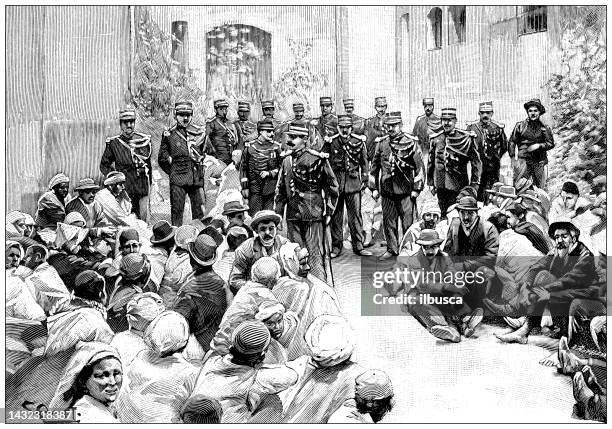antique image: protest and riots in algiers, prisoners - algeria stock illustrations