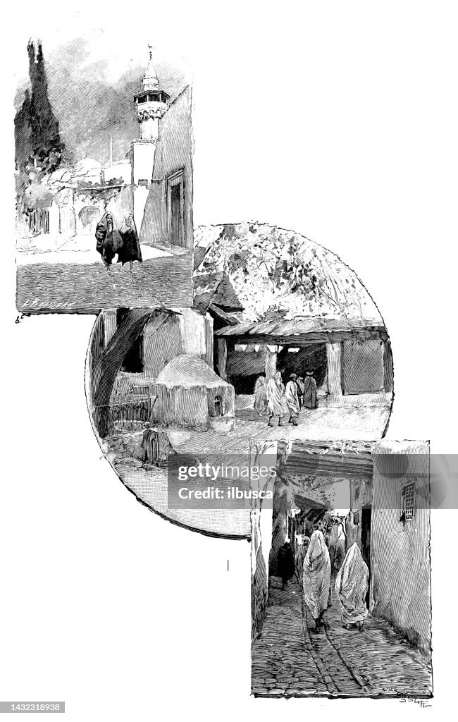 Antique image: Souks of Tunis, Tunisia