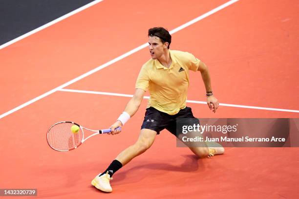 Dominic Thiem of Austria plays a forehand in his first round singles match against Joao Sousa of Portugal during day one of the Gijon Open ATP 250 at...