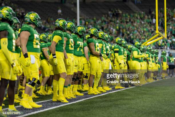 The Oregon Ducks warm up before their game against the Stanford Cardinal at Autzen Stadium on October 1, 2022 in Eugene, Oregon.