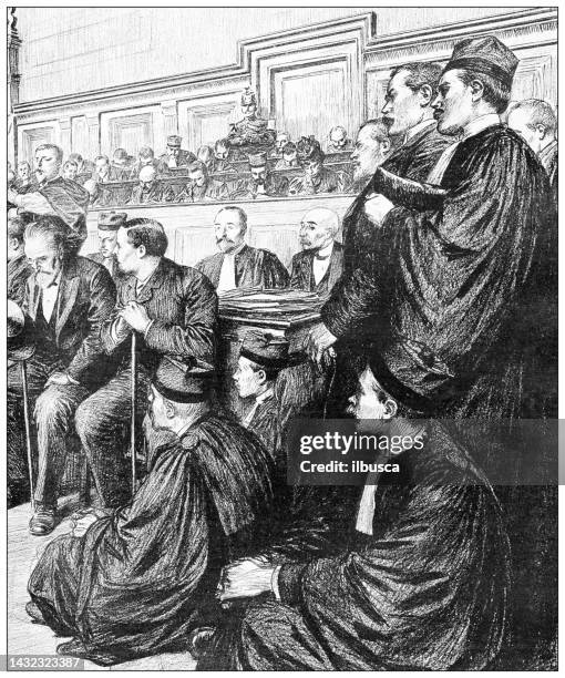 antique image: emile zola trial "j'accuse" for the dreyfus affair - infidelity stock illustrations
