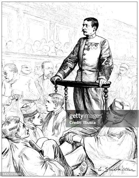 antique image: emile zola trial, lieutenant colonel piquart - alfred dreyfus stock illustrations