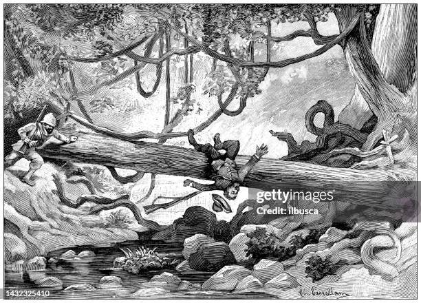 antique image: exploring africa, torrent crossing - exploring jungle stock illustrations