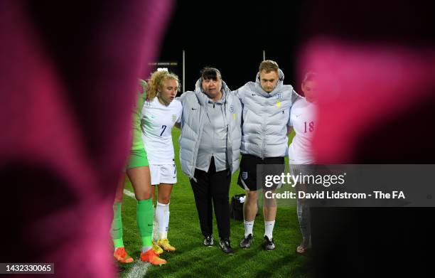 Mo Marley, Head Coach of England U23 speaks to their side in the huddle following the U23 International Friendly match between Sweden U23 and England...