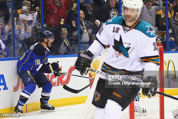 Jamie Langenbrunner of the St. Louis Blues celebrates his game-tying goal against the San Jose Sharks during Game Five of the Western Conference...