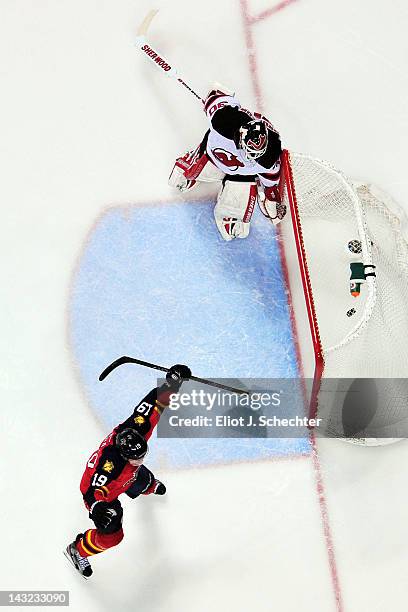 Scottie Upshall of the Florida Panthers celebrates his goal against Goaltender Martin Brodeur of the New Jersey Devils in Game Five of the Eastern...