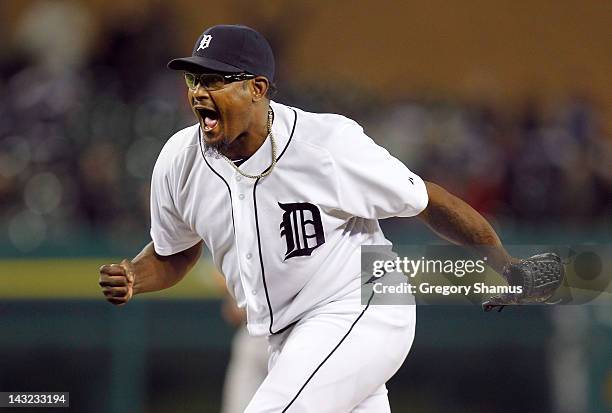 Jose Valverde of the Detroit Tigers reacts after striking out Josh Hamilton of the Texas Rangers to win 3-2 in the second game of a double header at...