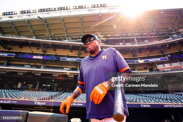 Dusty Baker Jr. #12 of the Houston Astros walks out from the dugout during a divisional series workout at Minute Maid Park on October 10, 2022 in...