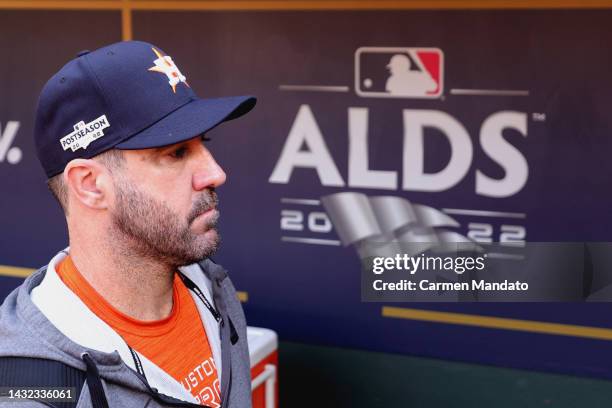 Justin Verlander of the Houston Astros participates in a divisional series workout at Minute Maid Park on October 10, 2022 in Houston, Texas.