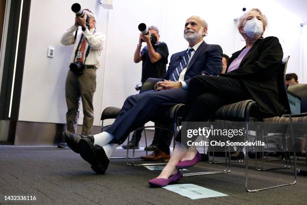 Former Federal Reserve Chair Ben Bernanke and his wife Anna Friedmann attend a news conference at the Brookings Institution after it was announced...