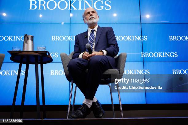 Former Federal Reserve Chair Ben Bernanke speaks during a news conference at the Brookings Institution after it was announced that he and two other...