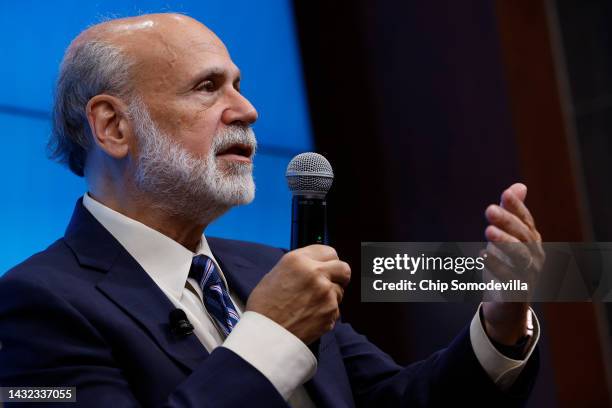 Former Federal Reserve Chair Ben Bernanke speaks during a news conference at the Brookings Institution after it was announced that he and two other...