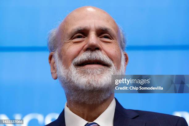 Former Federal Reserve Chair Ben Bernanke speaks during a news conference at the Brookings Institution after it was announced that he and two other...