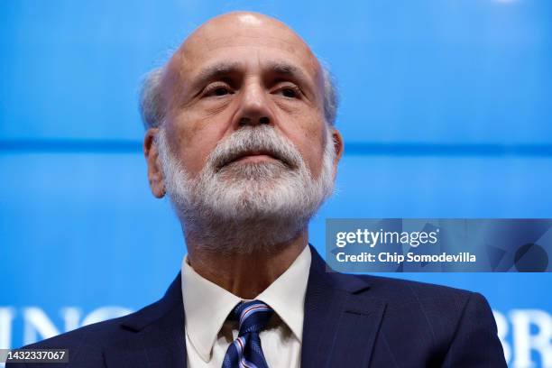 Former Federal Reserve Chair Ben Bernanke speaks during a news conference at the Brookings Institution after it was announced that he and two other...