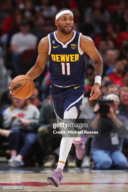 Bruce Brown of the Denver Nuggets dribbles against the Chicago Bulls during the first half of a preseason game at the United Center on October 07,...