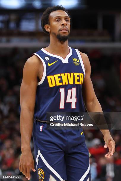 Ish Smith of the Denver Nuggets looks on against the Chicago during the second half of a preseason game at the United Center on October 07, 2022 in...