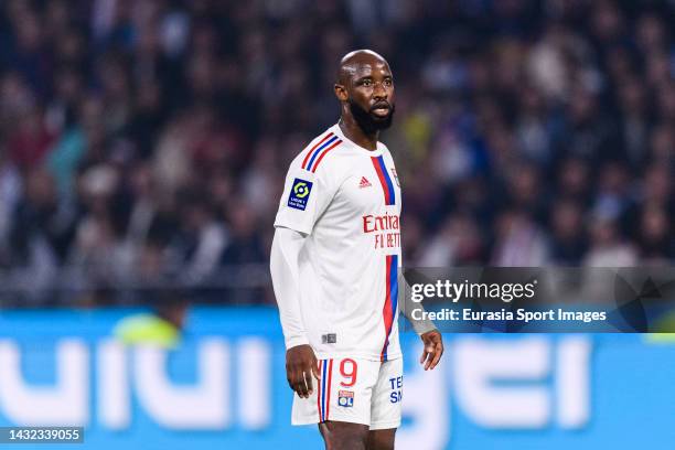 Moussa Dembele of Lyon walks in the field during the Ligue 1 match between Olympique Lyonnais and Paris Saint-Germain at Groupama Stadium on...