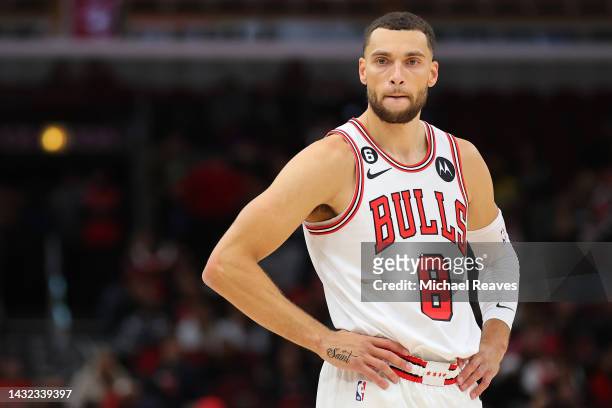 Zach LaVine of the Chicago Bulls looks on against the Denver Nuggets during the first half of a preseason game at the United Center on October 07,...