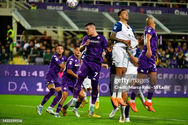 Matias Vecino of SS Lazio scores a opening goal during the Serie A match between ACF Fiorentina and SS Lazio at Stadio Artemio Franchi on October 10,...