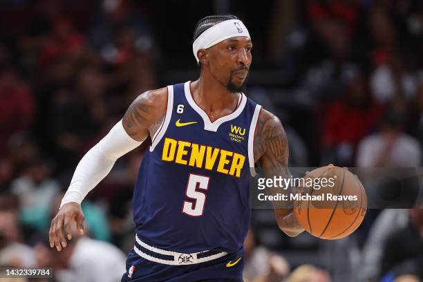 Kentavious Caldwell-Pope of the Denver Nuggets drives to the basket against against the Chicago Bulls during the first half of a preseason game at...